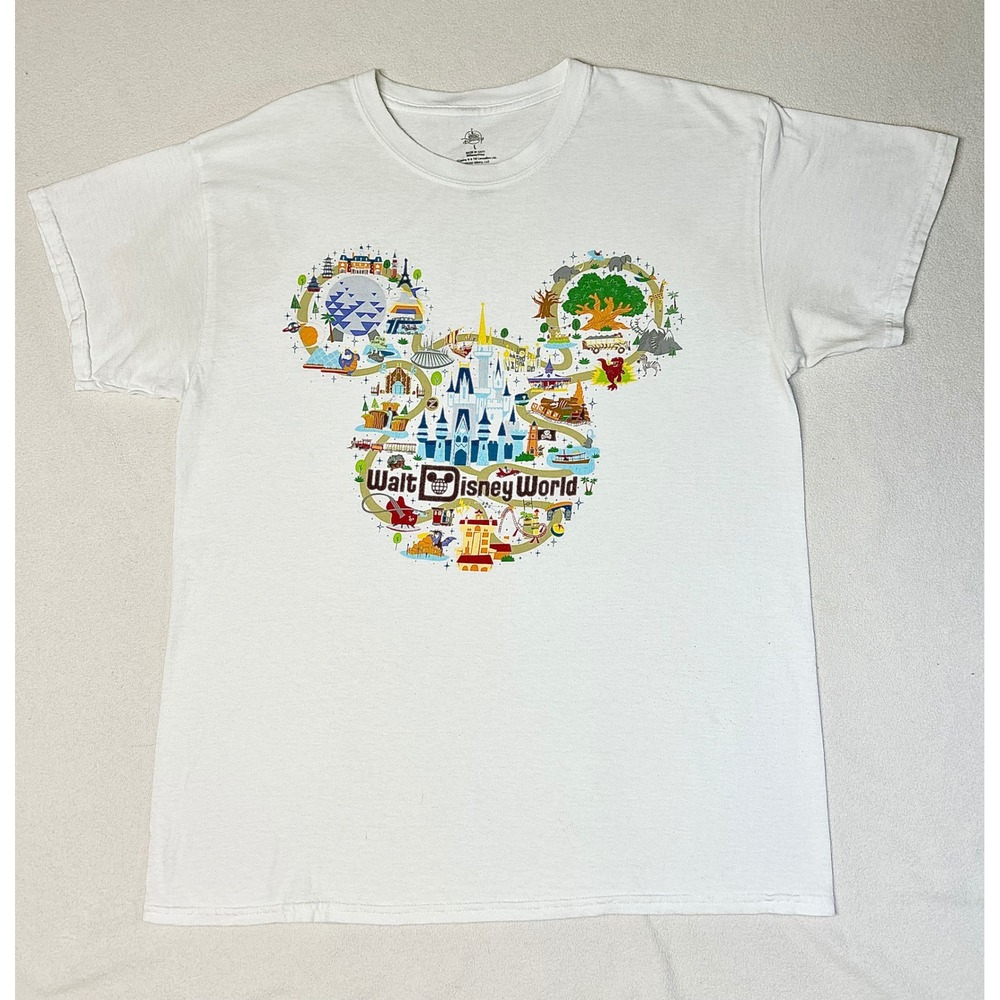 Disney World Parks Mickey Mouse Map Graphic T-Shirt Size Large White Cotton Tee